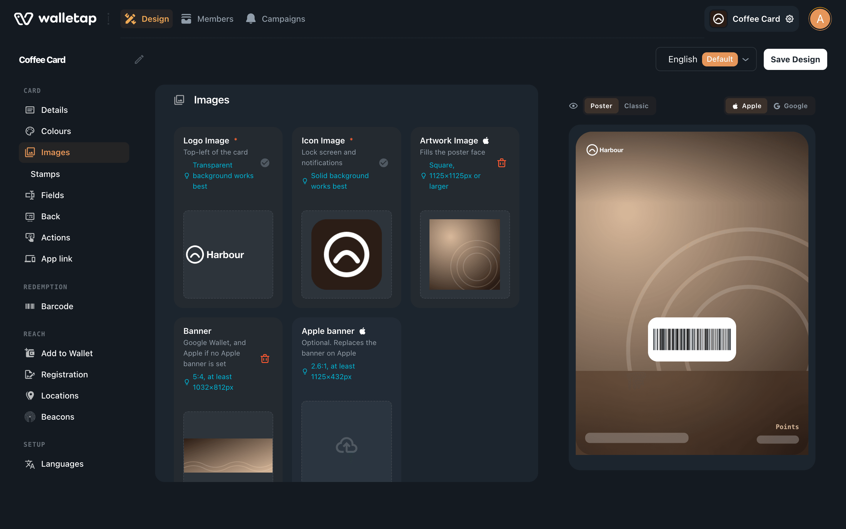 The Design tab for Coffee Card: the section list on the left, the Images section in the middle and an Apple Wallet preview of the card on the right
