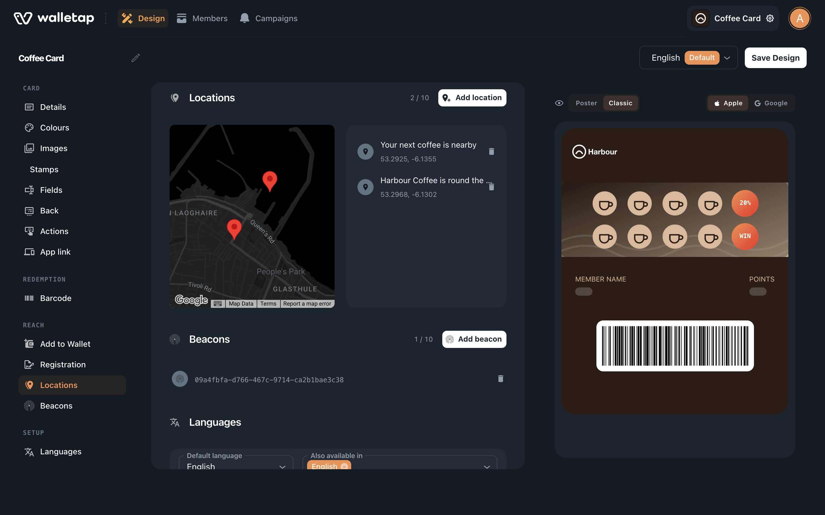 The Locations section for Coffee Card: a map with two pins in the old town and marina, and a list of the two places with their relevant text