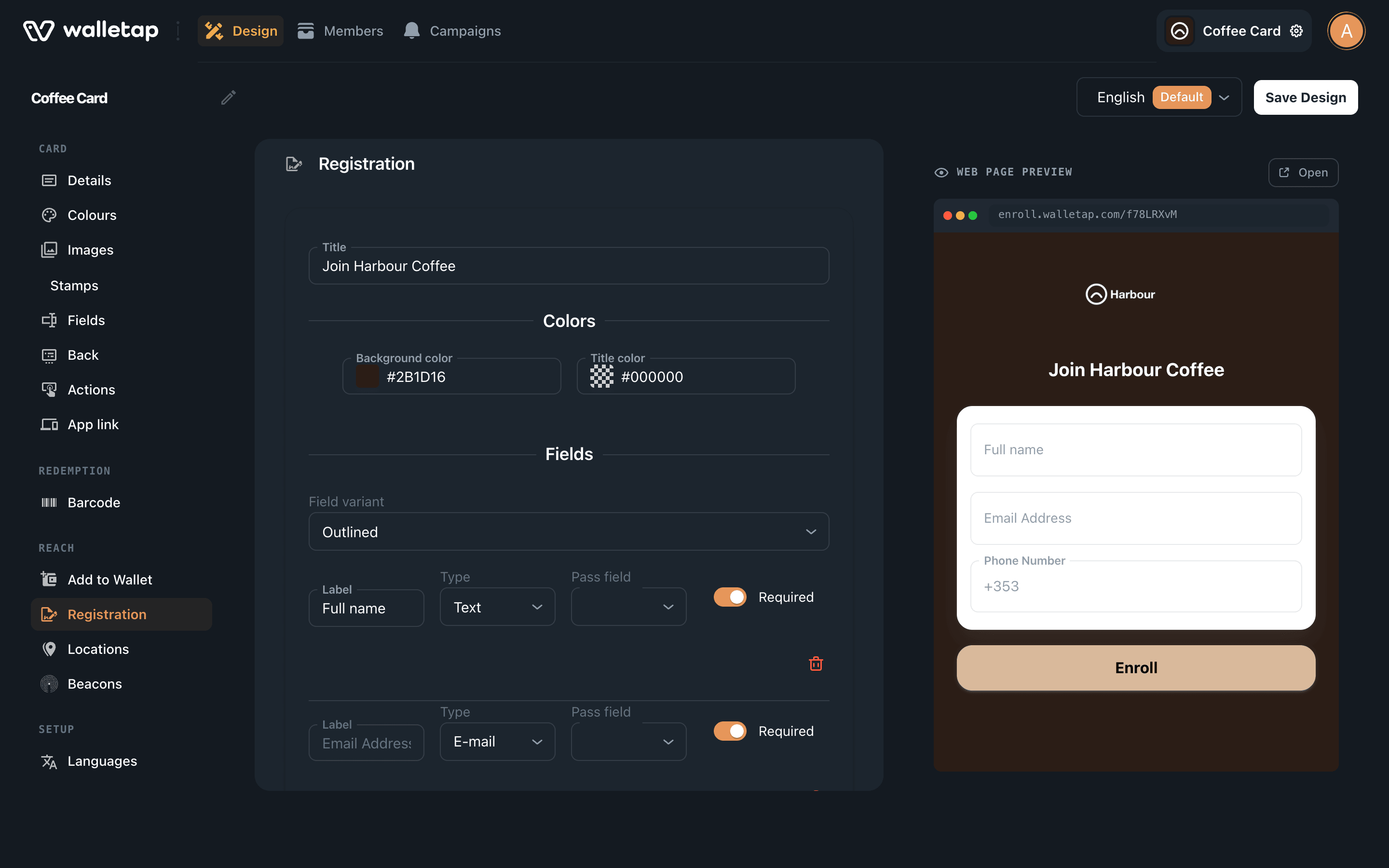 The Registration section for Coffee Card, with the form title, colours and three fields on the left and a phone-sized preview of the sign-up page on the right