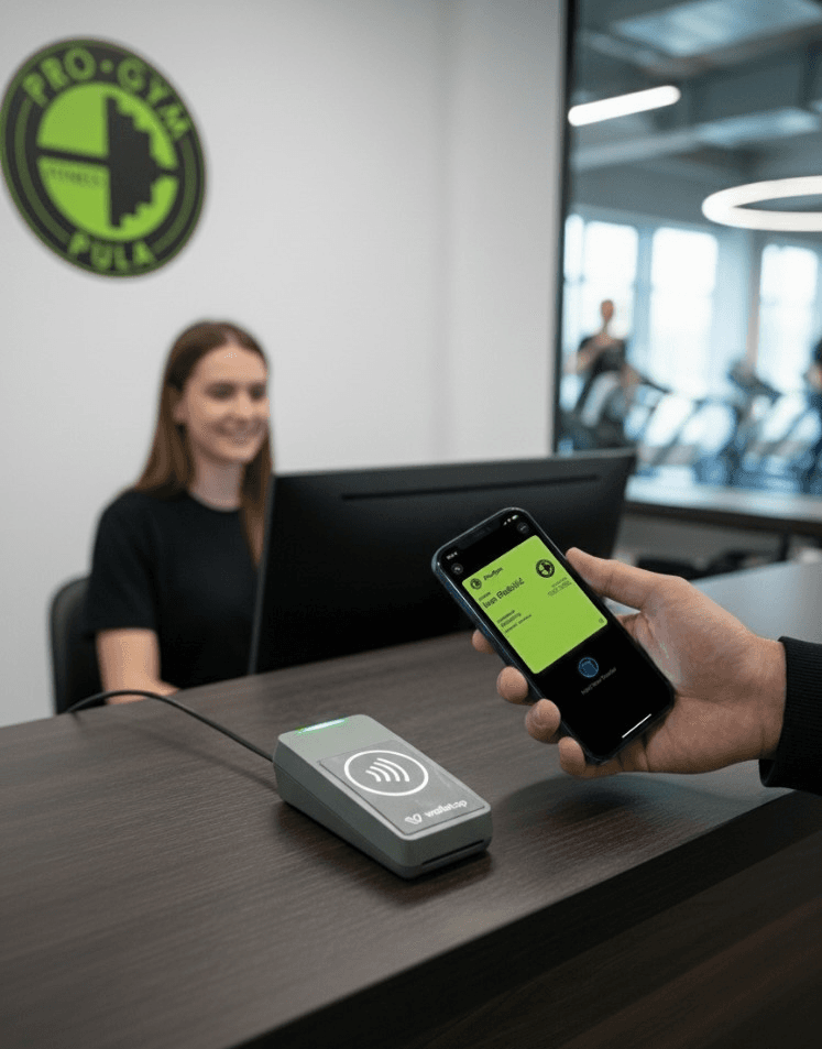 Recepcija teretane Pro-Gym: za pultom sjedi nasmiješena djelatnica, a u prvom planu član drži telefon sa zelenom Pro-Gym članskom karticom u walletu iznad Walletap NFC čitača na pultu. Na zidu je logo Pro-Gym Pula, a kroz staklenu stijenu vide se trake za trčanje.