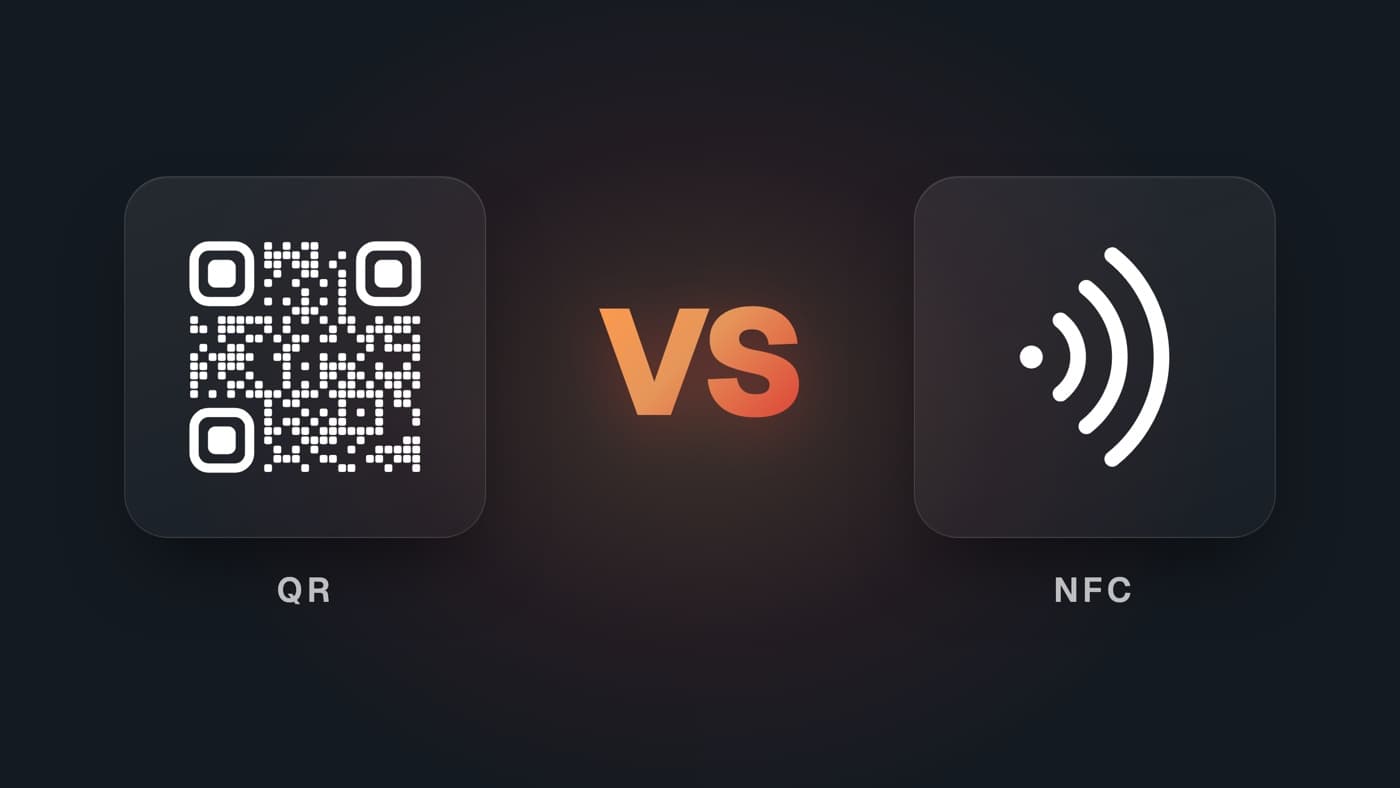 Ein QR-Code-Symbol und ein NFC-Symbol, dazwischen der Schriftzug VS