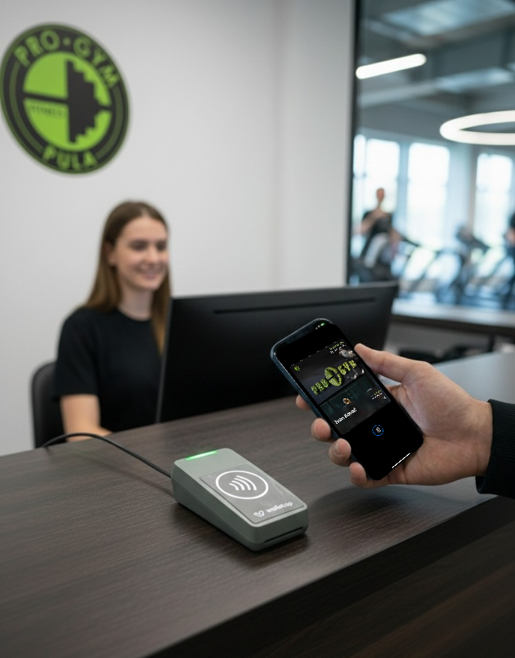 A Pro-Gym Pula member tapping their phone on the NFC reader at the front desk