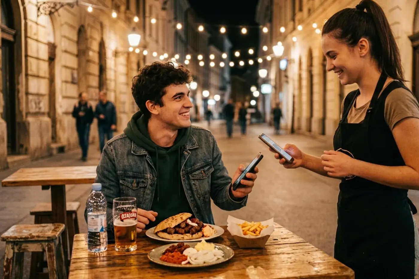 Konobarica skenira karticu s gostova mobitela za stolom na ulici