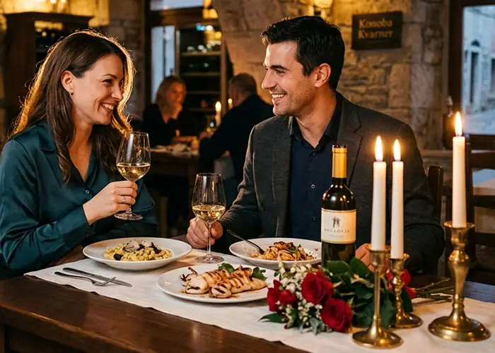 Par večera uz svijeće i bijelo vino u kamenoj konobi