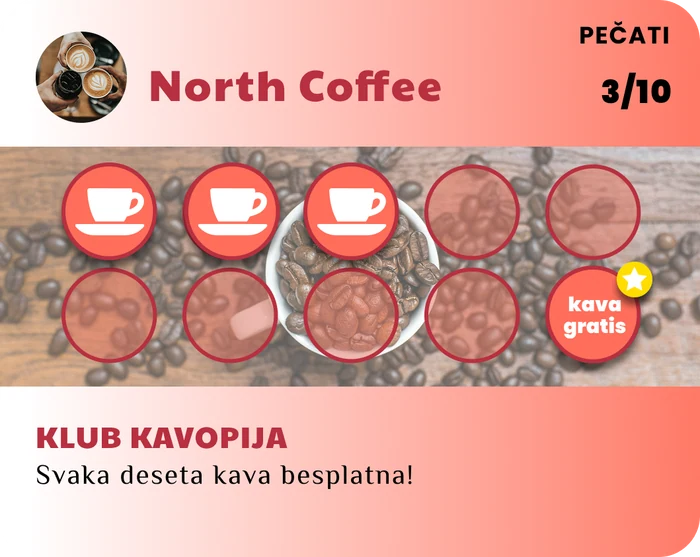 North Coffee loyalty kartica u walletu, s 3 od 10 sakupljenih pečata