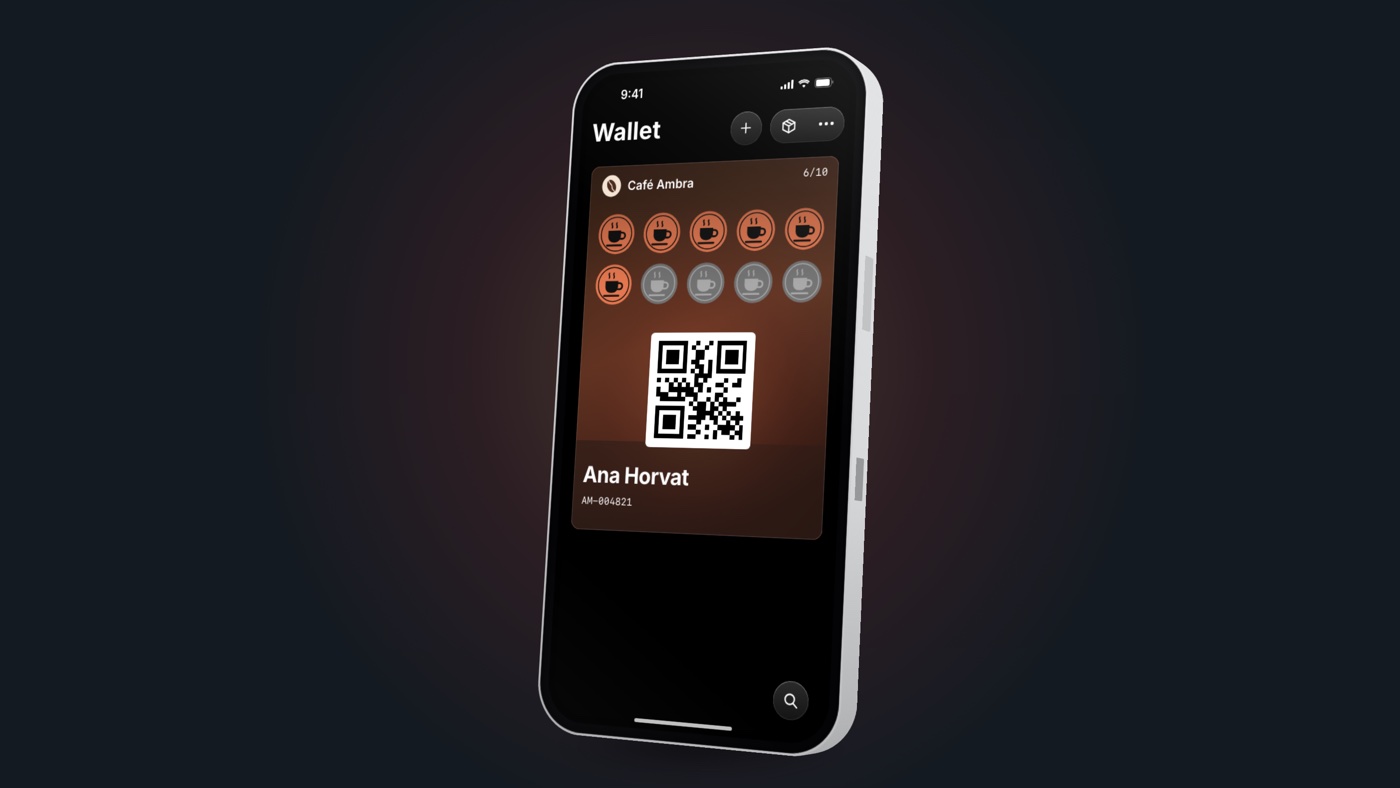 An iPhone with Apple Wallet open on a café loyalty card: 6 of 10 coffee stamps collected and a QR code to scan at the counter