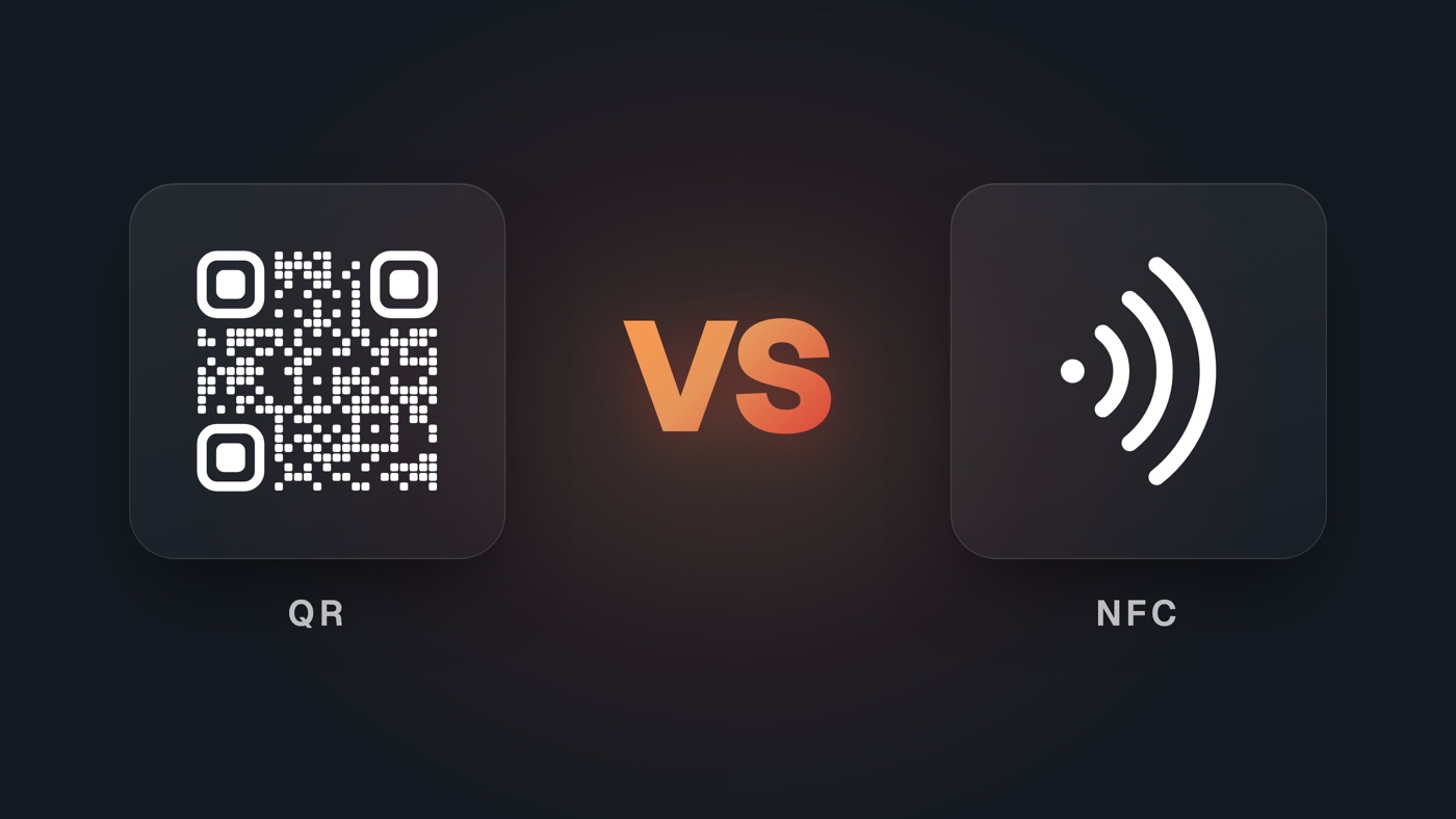 A QR code symbol and an NFC symbol, with "VS" between them
