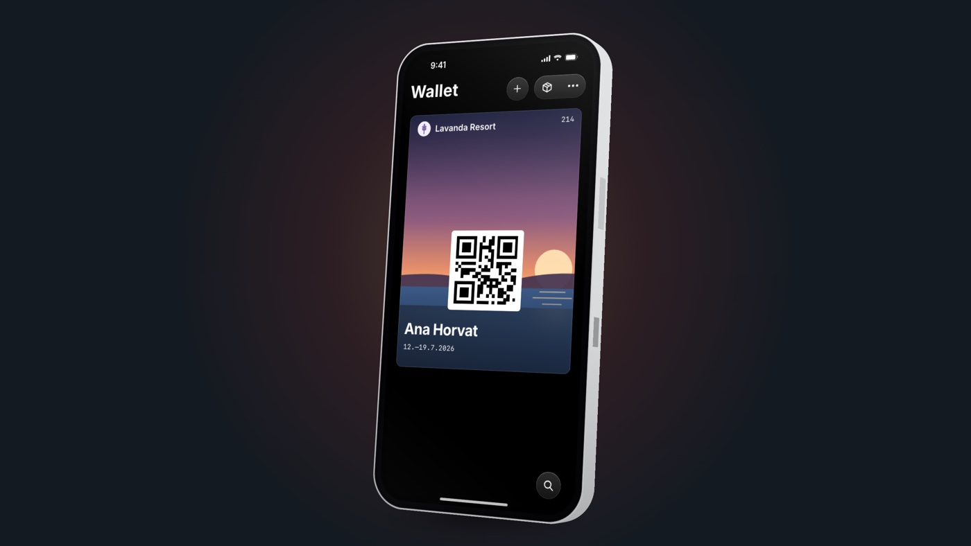 An iPhone with Apple Wallet open on a hotel and campsite guest pass: room number, guest name and dates of stay